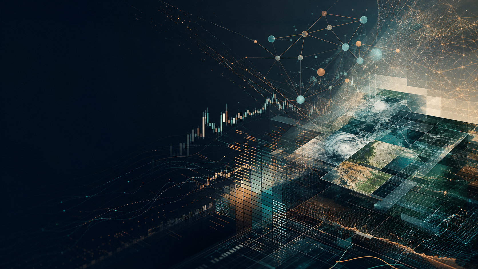 Abstract visual of financial data, remote sensing imagery, and networked research tools
